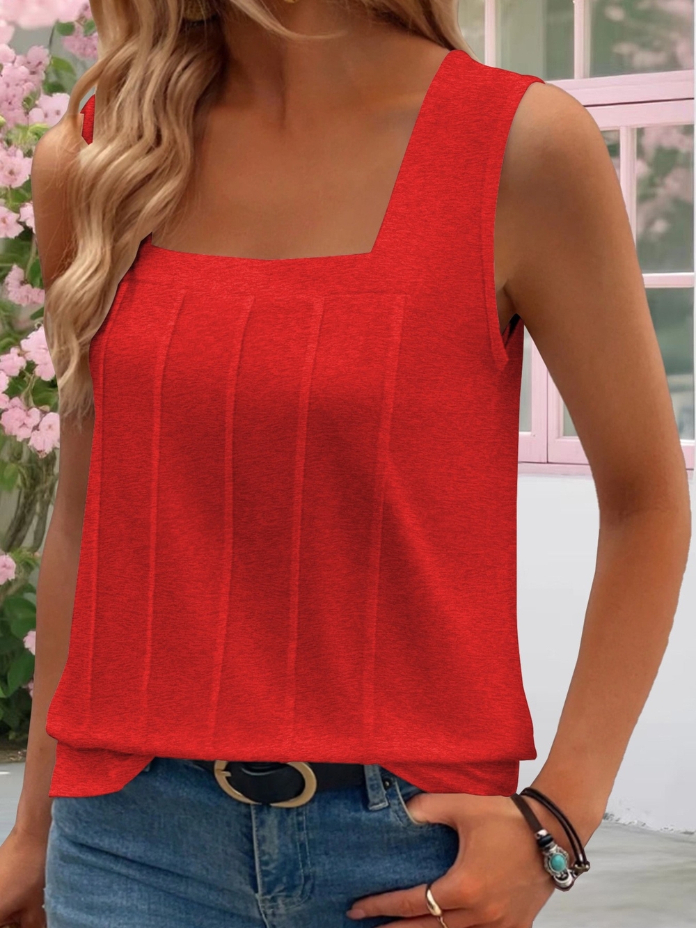 Women's Red Square-Neck Tank Top - Classic Summer Layer- Full & Plus Sizes